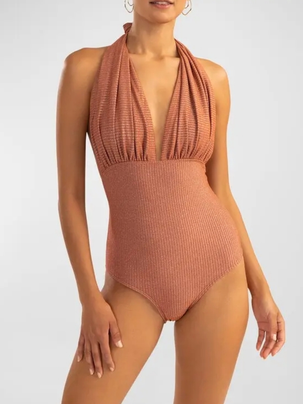 10 Shoshanna Shimmery Deep V Halter One-Piece Swimsuit in Amber